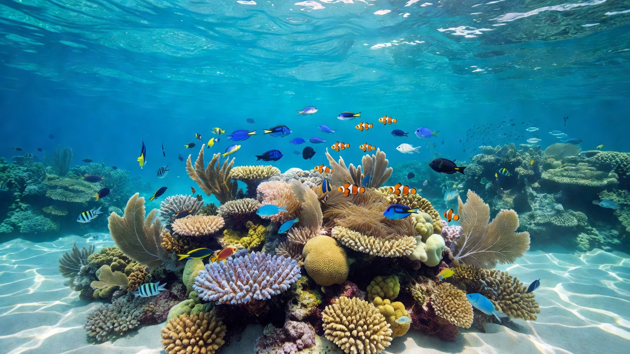 Clean deep turquoise blue ocean reef ecosystem