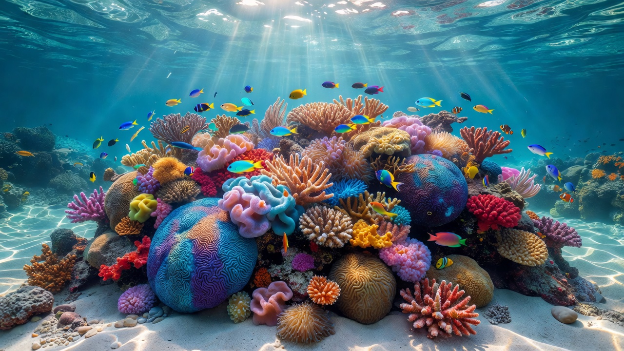 Clear sea water over vibrant living coral reef
