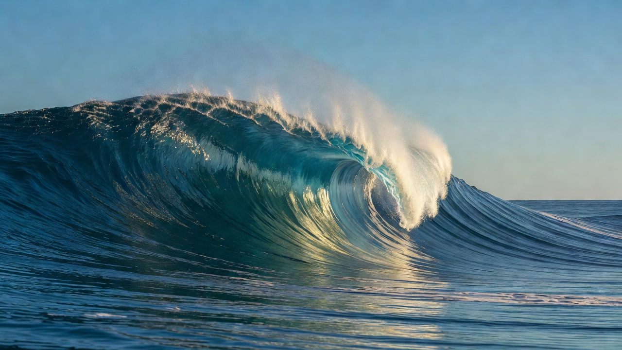 Ocean wave curling smoothly under sunshine
