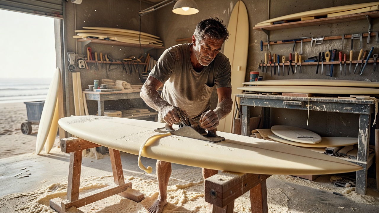 Surfboard shaper working with plane in workshop
