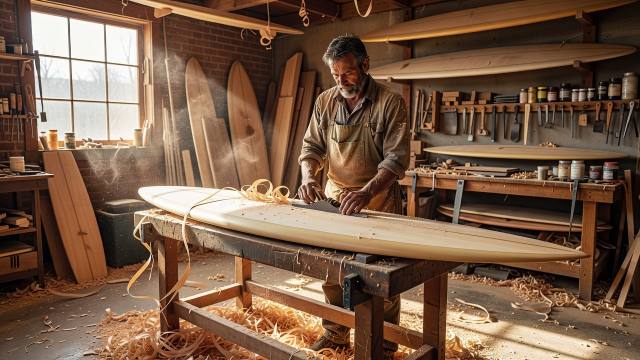 Wooden surfboard artisan workshop shaping board