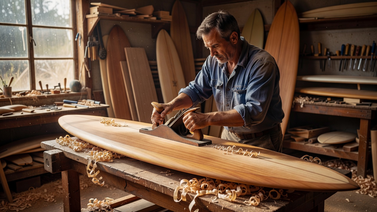 Wooden surfboard being carefully hand hand-planed by artisan shaper